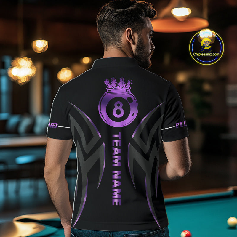 Custom Black And Purple 8 Ball Crown Billiard Shirts For Men, Pool Team Jersey Polo & 1/4 Zip TDM7774