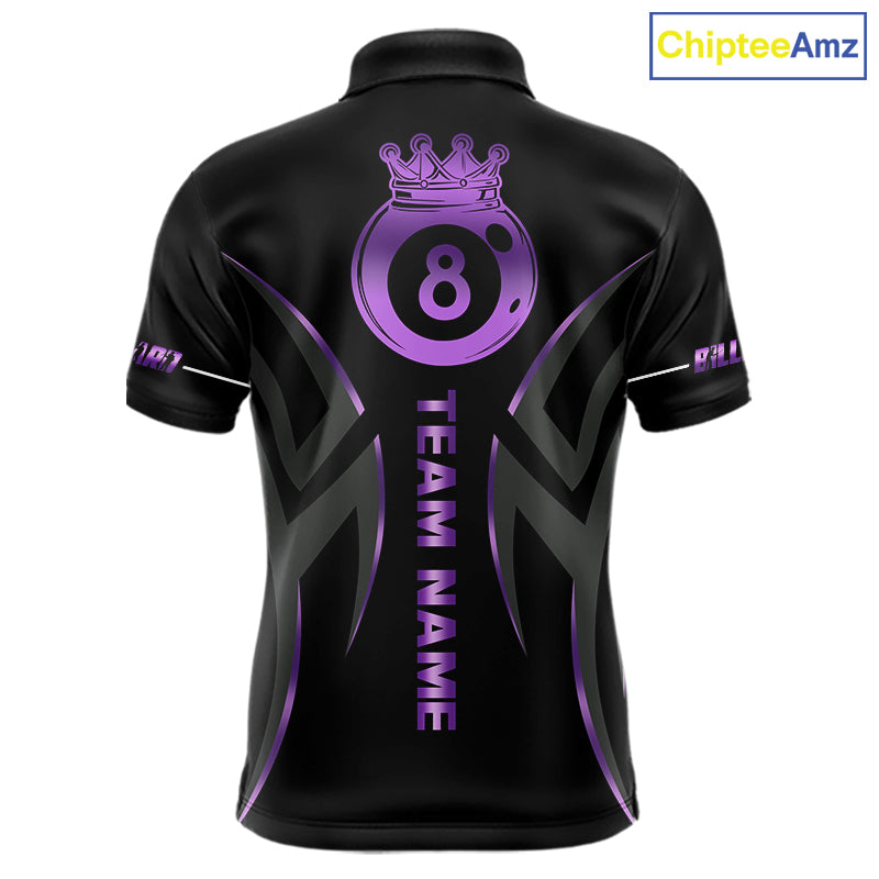 Custom Black And Purple 8 Ball Crown Billiard Shirts For Men, Pool Team Jersey Polo & 1/4 Zip TDM7774