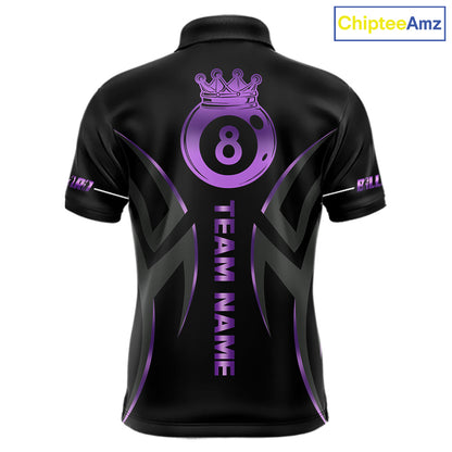 Custom Black And Purple 8 Ball Crown Billiard Shirts For Men, Pool Team Jersey Polo & 1/4 Zip TDM7774