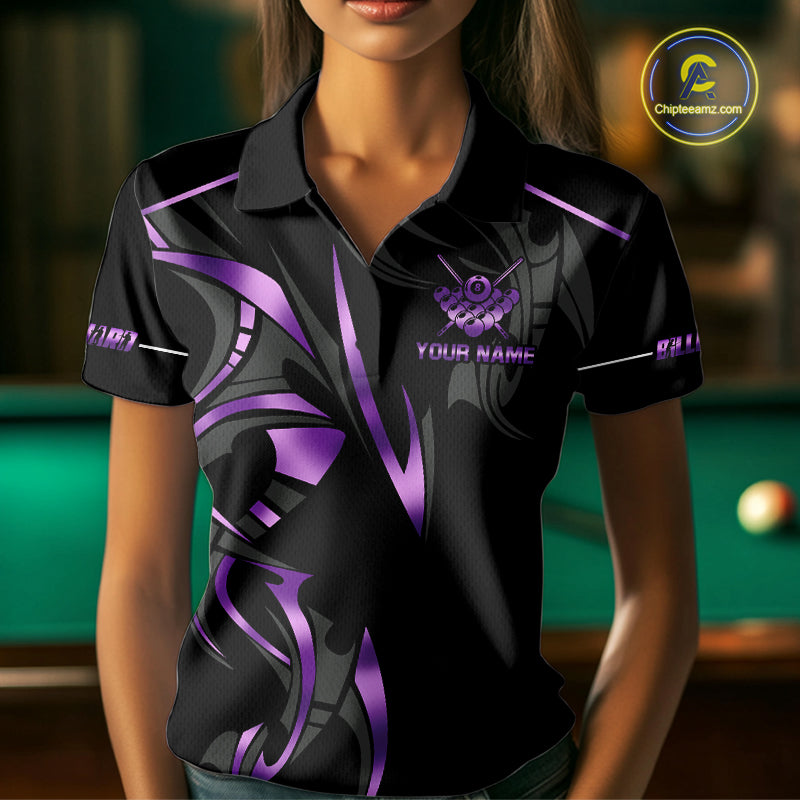 Custom Black And Purple 8 Ball Crown Billiard Shirts For Women, Pool Team Jersey Polo & 1/4 Zip TDM7774