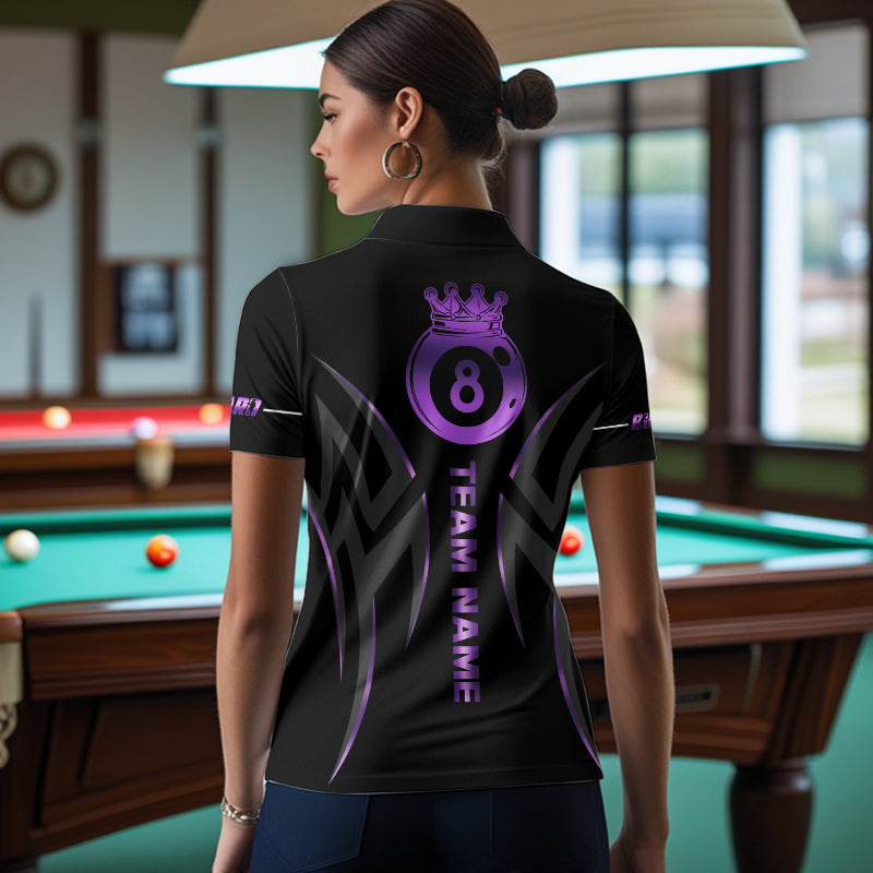 Custom Black And Purple 8 Ball Crown Billiard Shirts For Women, Pool Team Jersey Polo & 1/4 Zip TDM7774