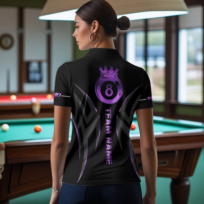 Custom Black And Purple 8 Ball Crown Billiard Shirts For Women, Pool Team Jersey Polo & 1/4 Zip TDM7774