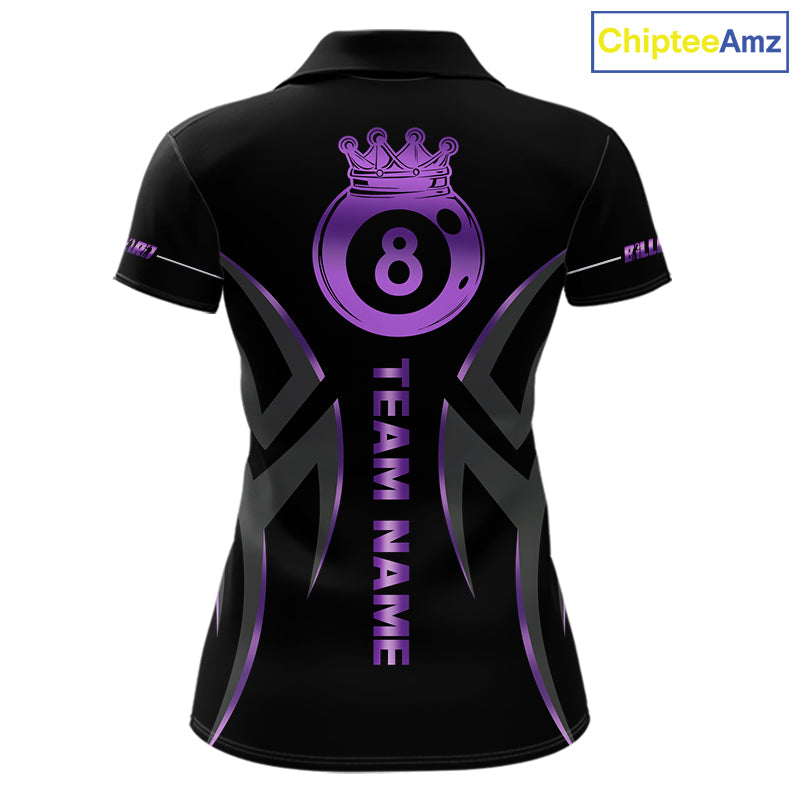 Custom Black And Purple 8 Ball Crown Billiard Shirts For Women, Pool Team Jersey Polo & 1/4 Zip TDM7774
