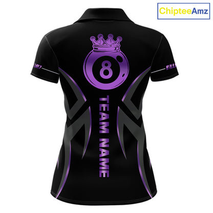 Custom Black And Purple 8 Ball Crown Billiard Shirts For Women, Pool Team Jersey Polo & 1/4 Zip TDM7774