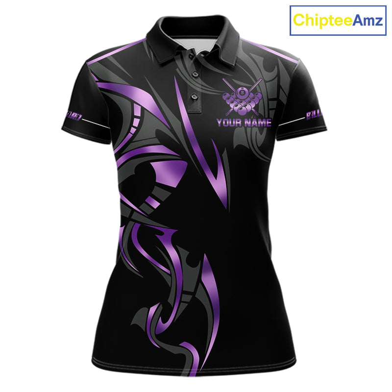 Custom Black And Purple 8 Ball Crown Billiard Shirts For Women, Pool Team Jersey Polo & 1/4 Zip TDM7774