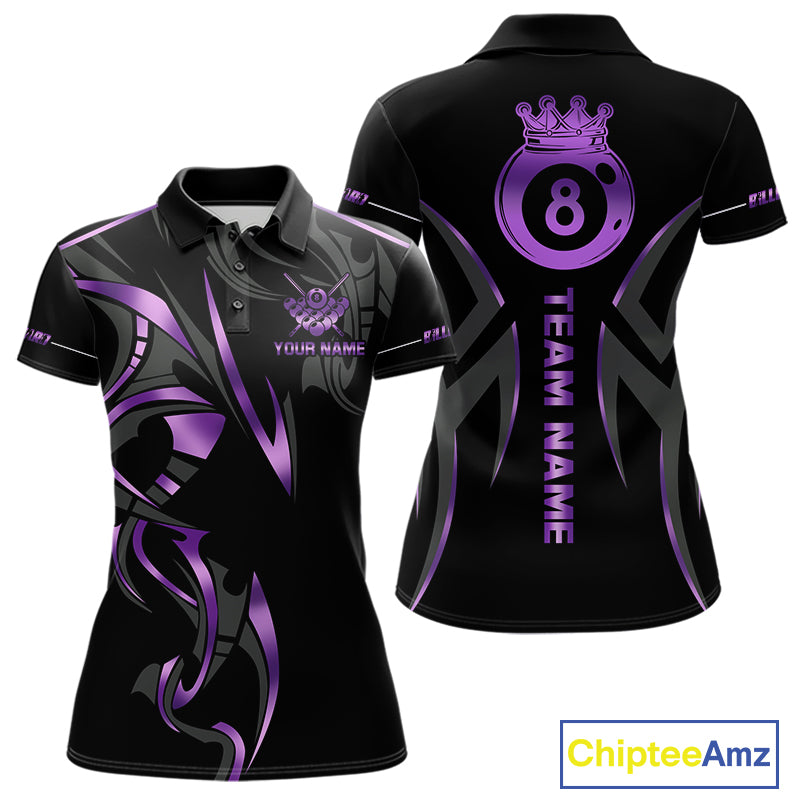 Custom Black And Purple 8 Ball Crown Billiard Shirts For Women, Pool Team Jersey Polo & 1/4 Zip TDM7774