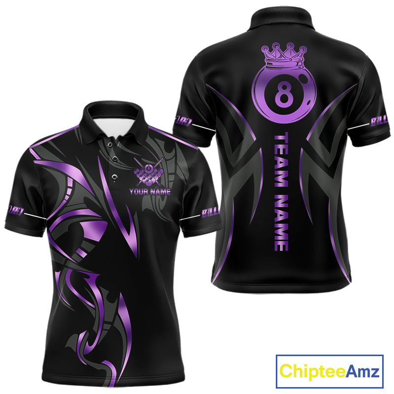 Custom Black And Purple 8 Ball Crown Billiard Shirts For Men, Pool Team Jersey Polo & 1/4 Zip TDM7774