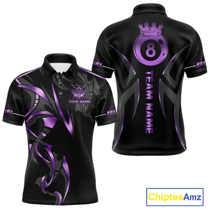 Custom Black And Purple 8 Ball Crown Billiard Shirts For Men, Pool Team Jersey Polo & 1/4 Zip TDM7774