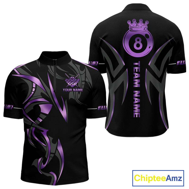 Custom Black And Purple 8 Ball Crown Billiard Shirts For Men, Pool Team Jersey Polo & 1/4 Zip TDM7774