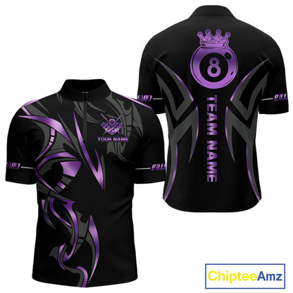 Custom Black And Purple 8 Ball Crown Billiard Shirts For Men, Pool Team Jersey Polo & 1/4 Zip TDM7774