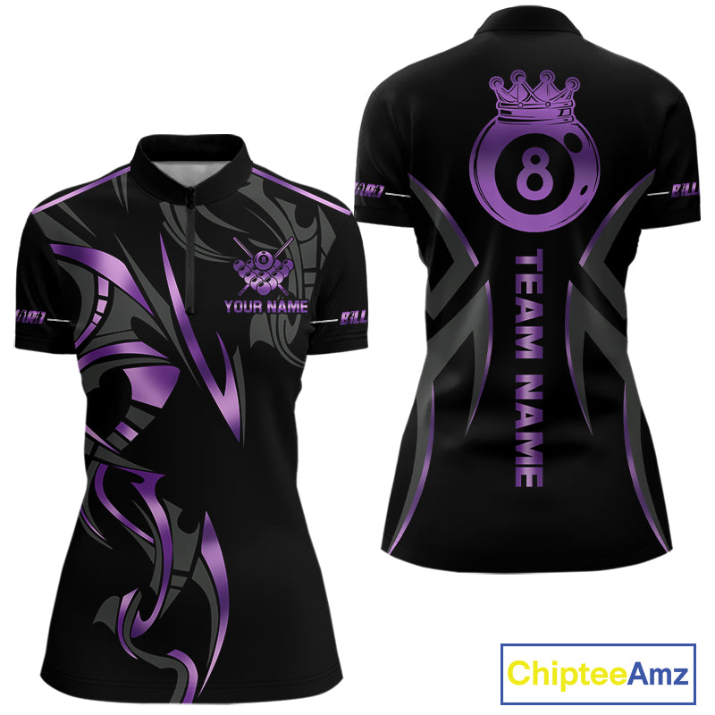 Custom Black And Purple 8 Ball Crown Billiard Shirts For Women, Pool Team Jersey Polo & 1/4 Zip TDM7774