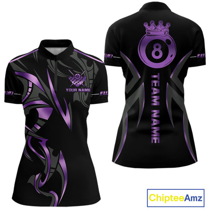 Custom Black And Purple 8 Ball Crown Billiard Shirts For Women, Pool Team Jersey Polo & 1/4 Zip TDM7774