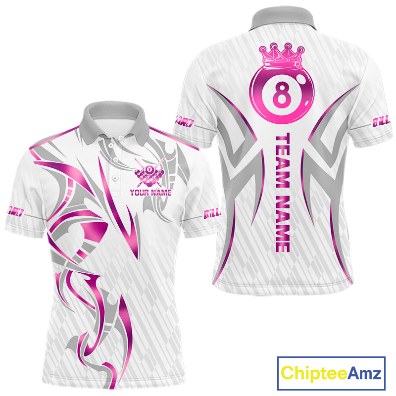 Custom White And Pink 8 Ball Crown Billiard Shirts For Men, Pool Team Jersey Polo & 1/4 Zip TDM7775