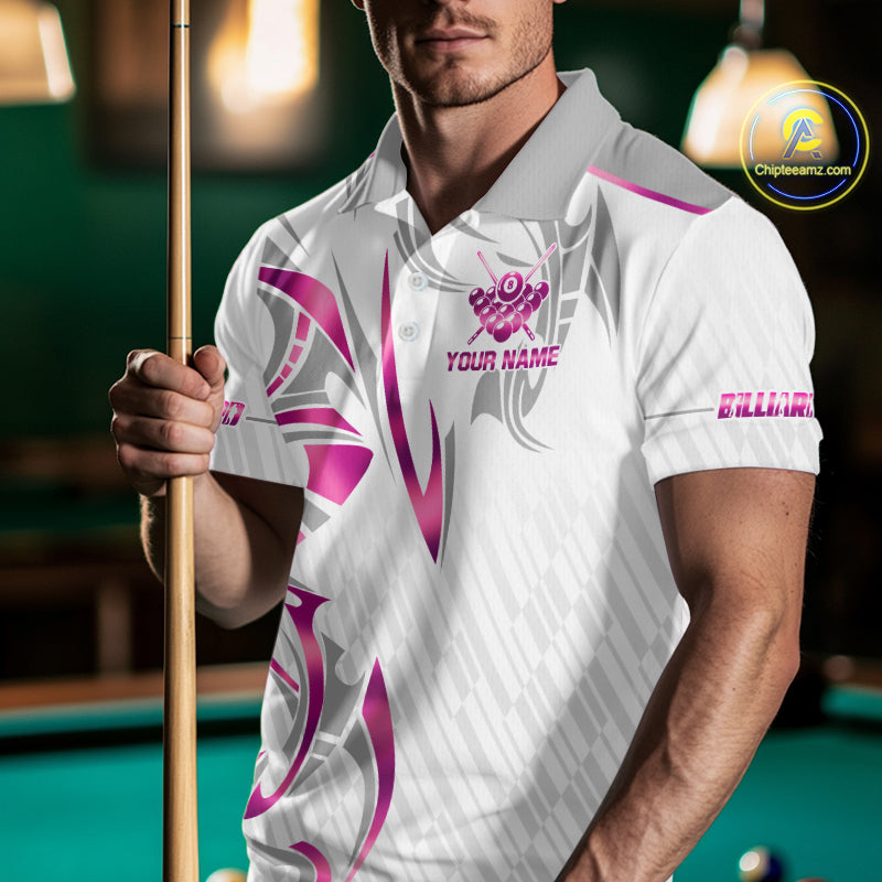 Custom White And Pink 8 Ball Crown Billiard Shirts For Men, Pool Team Jersey Polo & 1/4 Zip TDM7775