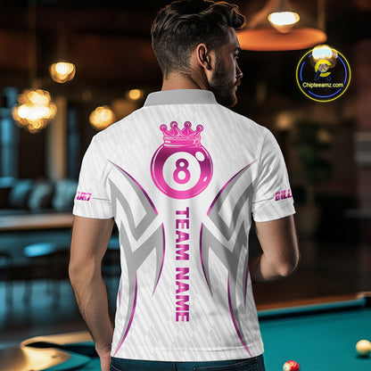Custom White And Pink 8 Ball Crown Billiard Shirts For Men, Pool Team Jersey Polo & 1/4 Zip TDM7775
