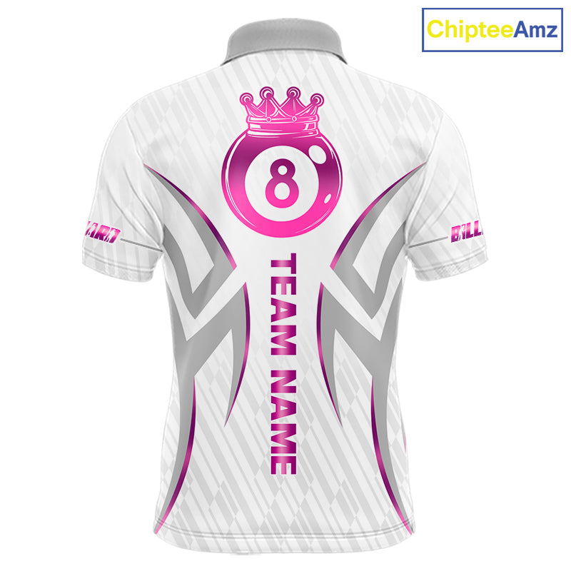 Custom White And Pink 8 Ball Crown Billiard Shirts For Men, Pool Team Jersey Polo & 1/4 Zip TDM7775
