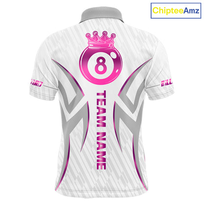 Custom White And Pink 8 Ball Crown Billiard Shirts For Men, Pool Team Jersey Polo & 1/4 Zip TDM7775
