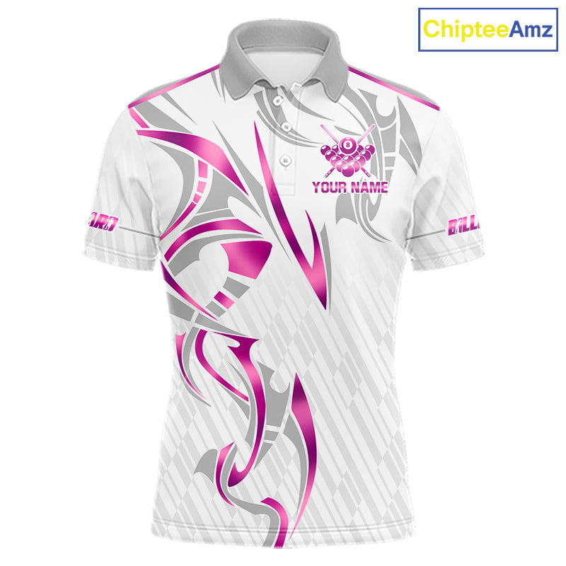 Custom White And Pink 8 Ball Crown Billiard Shirts For Men, Pool Team Jersey Polo & 1/4 Zip TDM7775