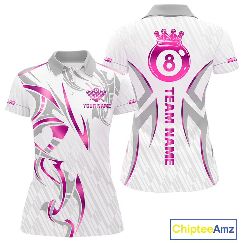 Custom White And Pink 8 Ball Crown Billiard Shirts For Women, Pool Team Jersey Polo & 1/4 Zip TDM7775