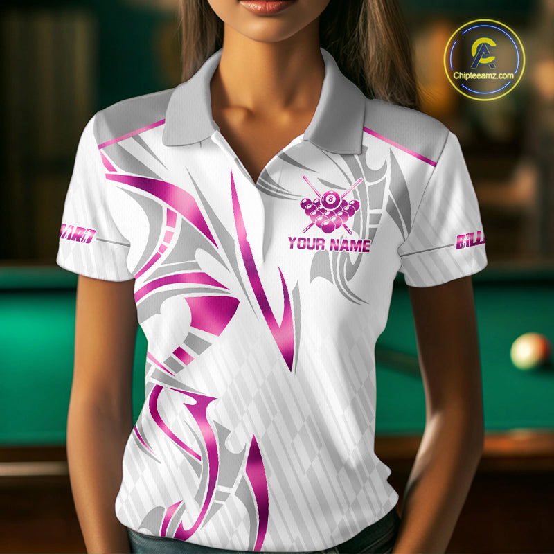 Custom White And Pink 8 Ball Crown Billiard Shirts For Women, Pool Team Jersey Polo & 1/4 Zip TDM7775