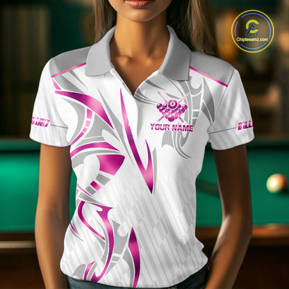 Custom White And Pink 8 Ball Crown Billiard Shirts For Women, Pool Team Jersey Polo & 1/4 Zip TDM7775