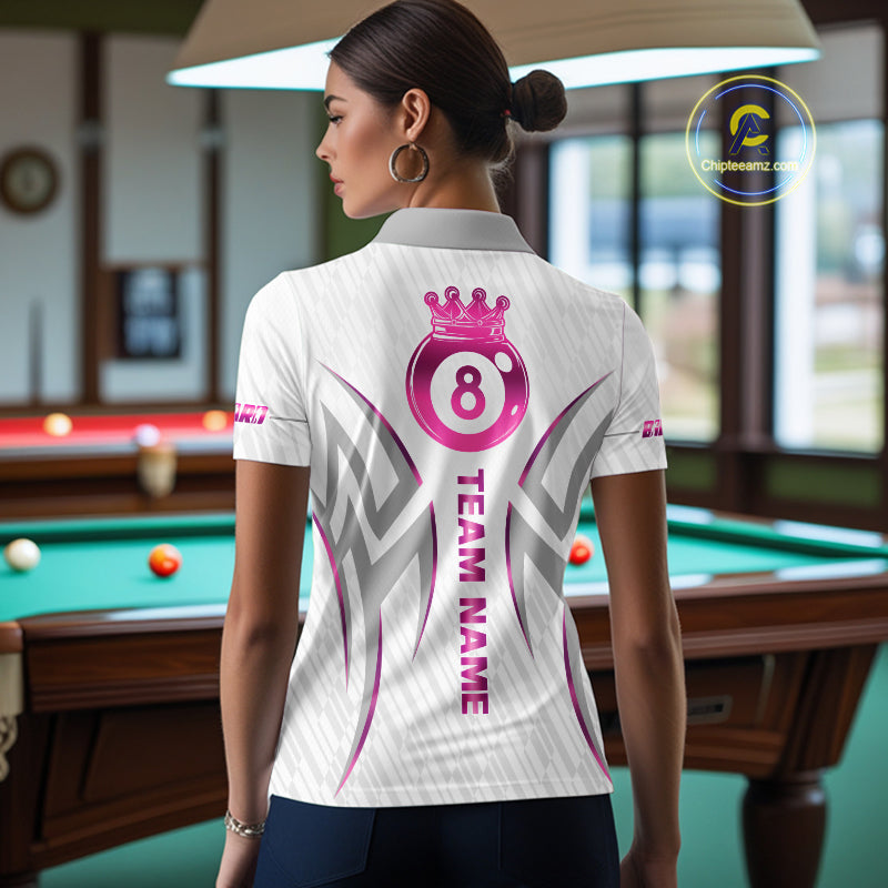 Custom White And Pink 8 Ball Crown Billiard Shirts For Women, Pool Team Jersey Polo & 1/4 Zip TDM7775