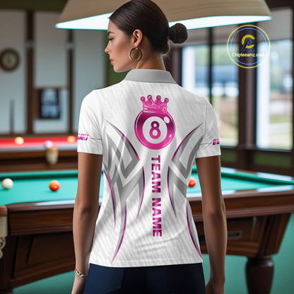 Custom White And Pink 8 Ball Crown Billiard Shirts For Women, Pool Team Jersey Polo & 1/4 Zip TDM7775
