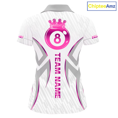 Custom White And Pink 8 Ball Crown Billiard Shirts For Women, Pool Team Jersey Polo & 1/4 Zip TDM7775