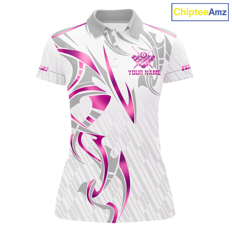 Custom White And Pink 8 Ball Crown Billiard Shirts For Women, Pool Team Jersey Polo & 1/4 Zip TDM7775