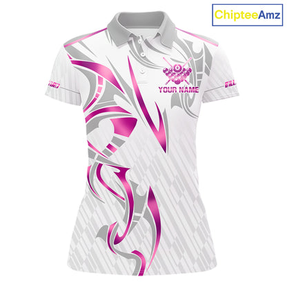 Custom White And Pink 8 Ball Crown Billiard Shirts For Women, Pool Team Jersey Polo & 1/4 Zip TDM7775