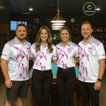 Custom White And Pink 8 Ball Crown Billiard Shirts For Men, Pool Team Jersey Polo & 1/4 Zip TDM7775
