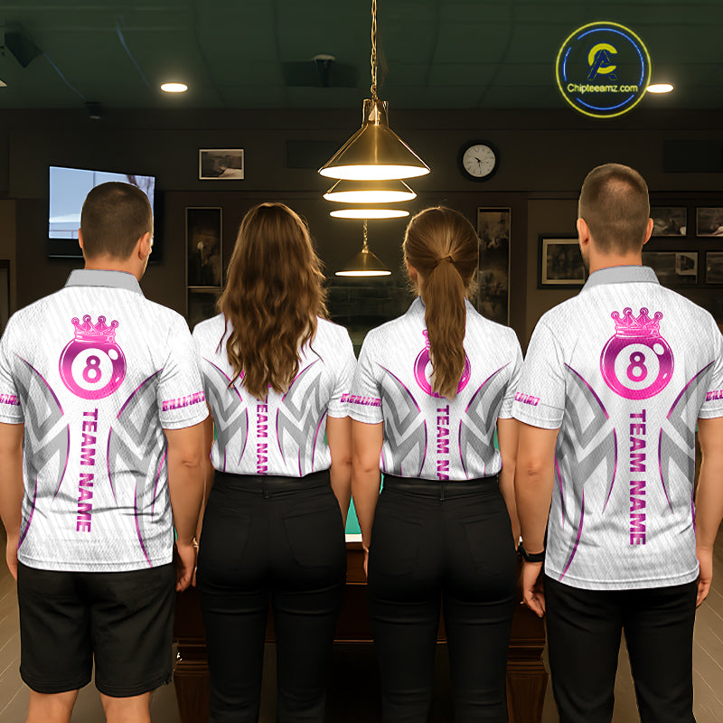 Custom White And Pink 8 Ball Crown Billiard Shirts For Men, Pool Team Jersey Polo & 1/4 Zip TDM7775