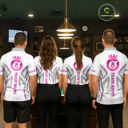 Custom White And Pink 8 Ball Crown Billiard Shirts For Men, Pool Team Jersey Polo & 1/4 Zip TDM7775