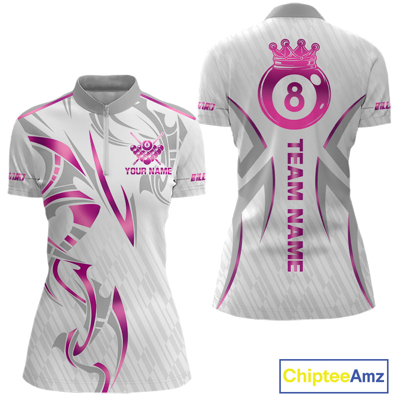Custom White And Pink 8 Ball Crown Billiard Shirts For Women, Pool Team Jersey Polo & 1/4 Zip TDM7775