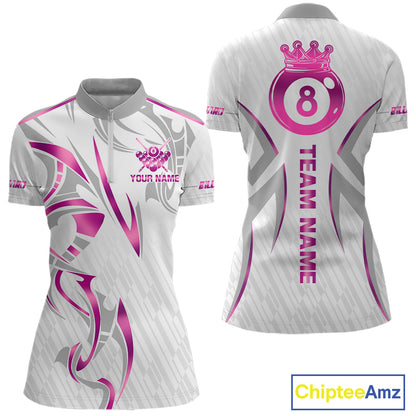 Custom White And Pink 8 Ball Crown Billiard Shirts For Women, Pool Team Jersey Polo & 1/4 Zip TDM7775