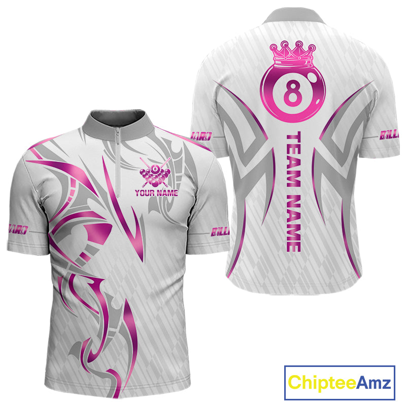 Custom White And Pink 8 Ball Crown Billiard Shirts For Men, Pool Team Jersey Polo & 1/4 Zip TDM7775