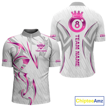 Custom White And Pink 8 Ball Crown Billiard Shirts For Men, Pool Team Jersey Polo & 1/4 Zip TDM7775