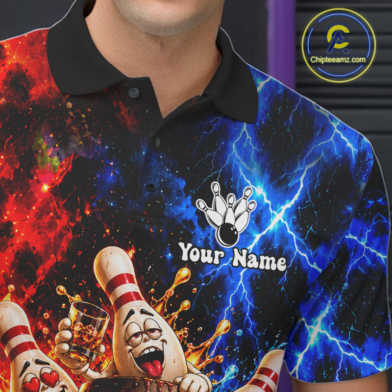 Flame And Lightning Funny Bourbon Drunk Bowling Shirts For Men Custom Bowling Team Jersey Uniform TDM8118