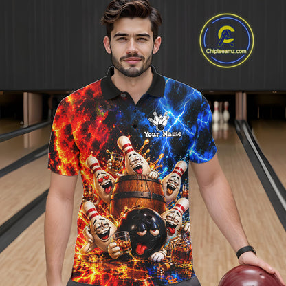 Flame And Lightning Funny Bourbon Drunk Bowling Shirts For Men Custom Bowling Team Jersey Uniform TDM8118