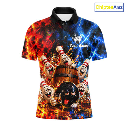Flame And Lightning Funny Bourbon Drunk Bowling Shirts For Men Custom Bowling Team Jersey Uniform TDM8118