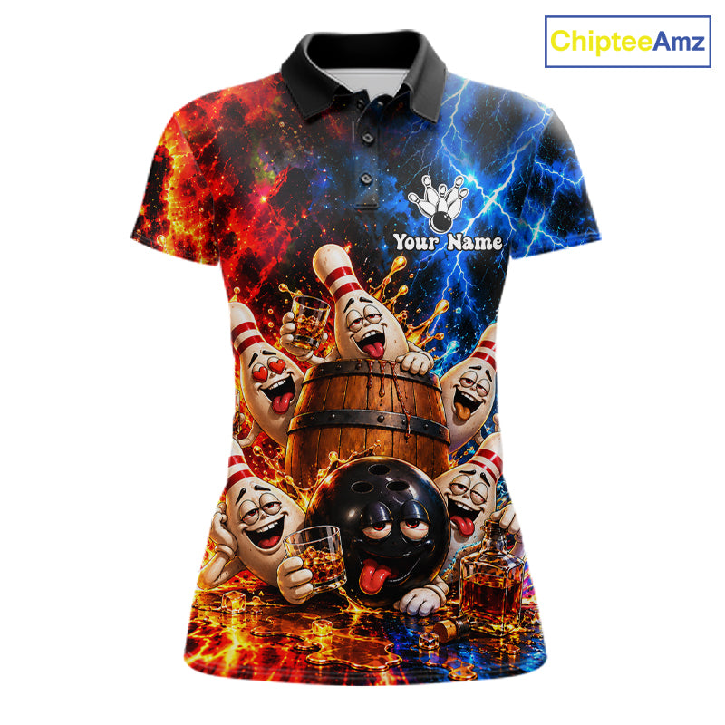 Flame And Lightning Funny Bourbon Drunk Bowling Shirts For Women Custom Bowling Team Jersey Uniform TDM8118