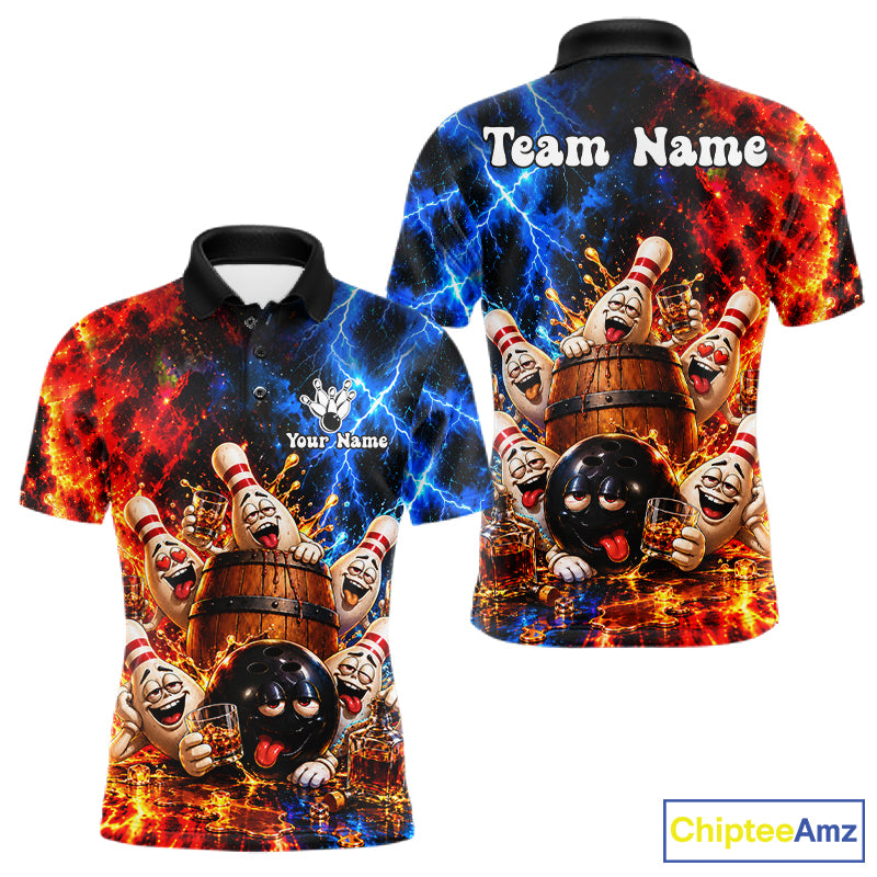Flame And Lightning Funny Bourbon Drunk Bowling Shirts For Men Custom Bowling Team Jersey Uniform TDM8118