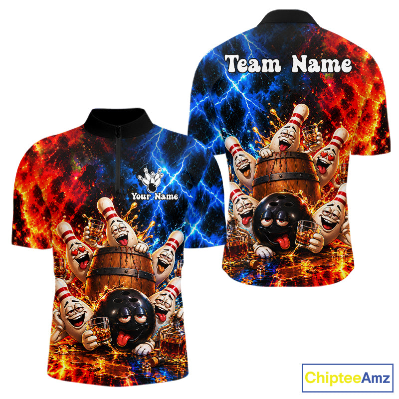 Flame And Lightning Funny Bourbon Drunk Bowling Shirts For Men Custom Bowling Team Jersey Uniform TDM8118