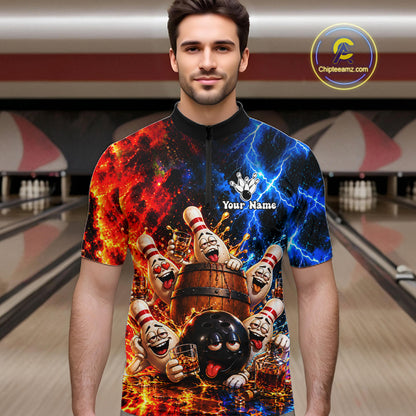 Flame And Lightning Funny Bourbon Drunk Bowling Shirts For Men Custom Bowling Team Jersey Uniform TDM8118