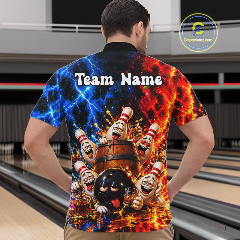 Flame And Lightning Funny Bourbon Drunk Bowling Shirts For Men Custom Bowling Team Jersey Uniform TDM8118