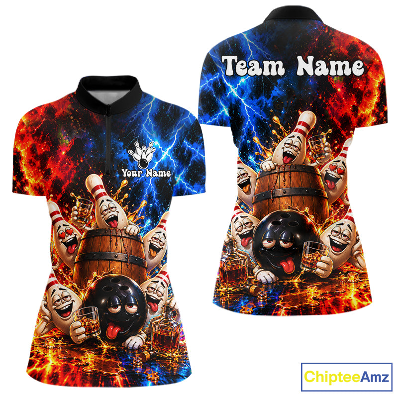 Flame And Lightning Funny Bourbon Drunk Bowling Shirts For Women Custom Bowling Team Jersey Uniform TDM8118