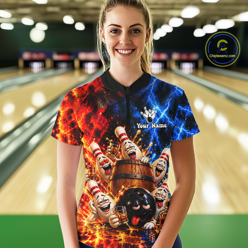 Flame And Lightning Funny Bourbon Drunk Bowling Shirts For Women Custom Bowling Team Jersey Uniform TDM8118