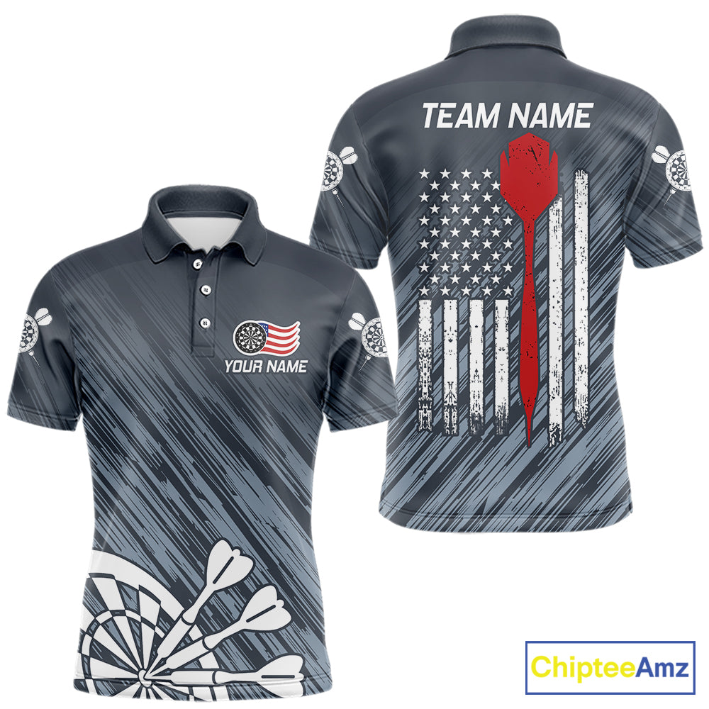 American Flag Grey Grunge Darts Shirt For Men Custom Patriotic Darts Jersey Team Polo & 1/4 Zip TDM5385