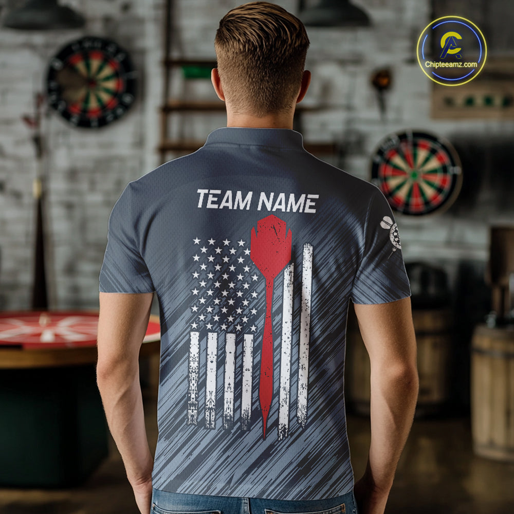 American Flag Grey Grunge Darts Shirt For Men Custom Patriotic Darts Jersey Team Polo & 1/4 Zip TDM5385