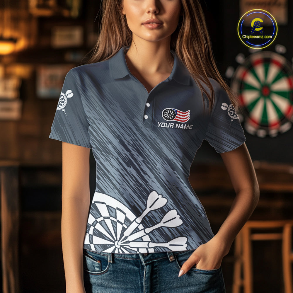 American Flag Grey Grunge Darts Shirt For Women Custom Patriotic Darts Jersey Team Polo & 1/4 Zip TDM5385